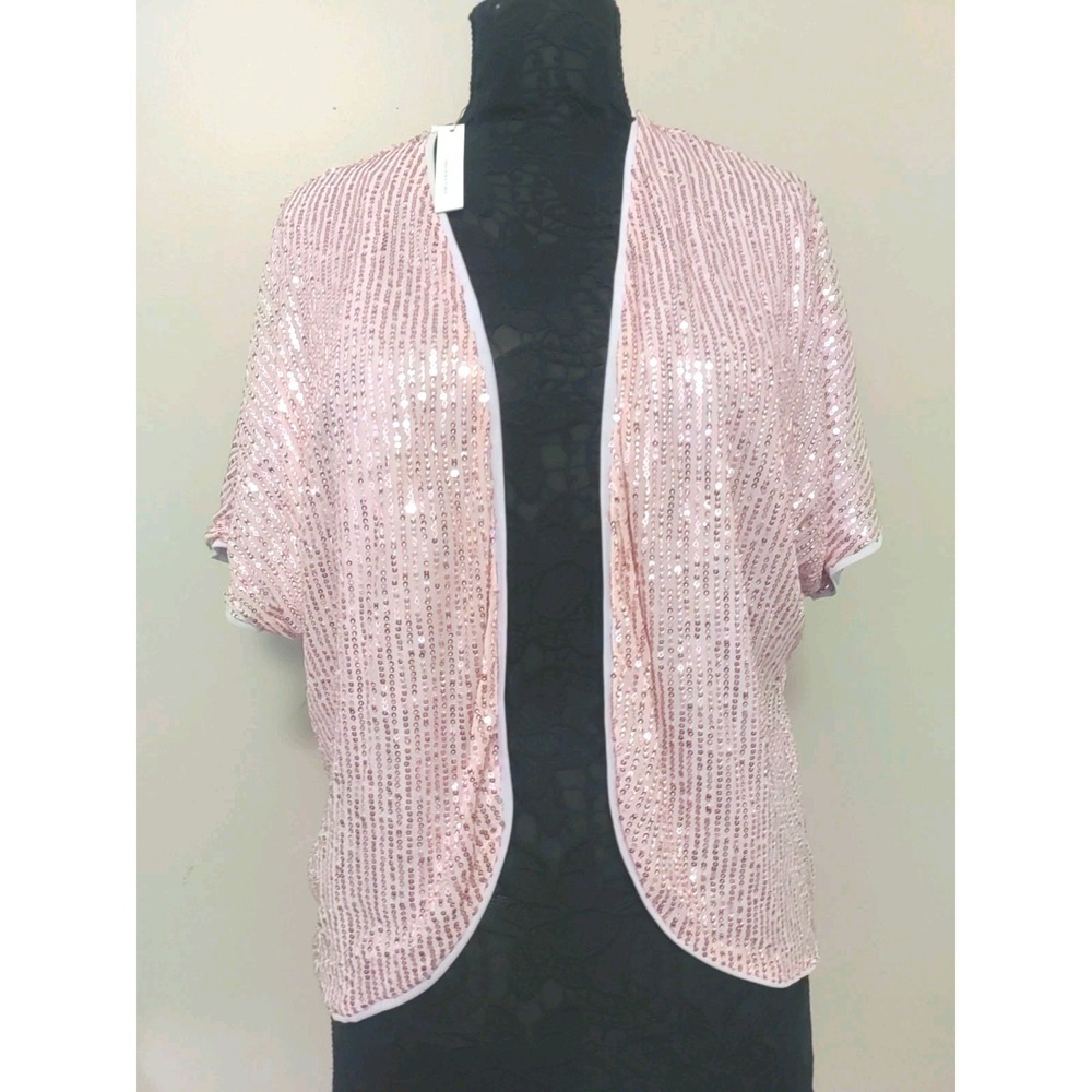 Qixing Women Pink Sequins Dazzling Open Lightweight Lined Cardigan Jacket Size M